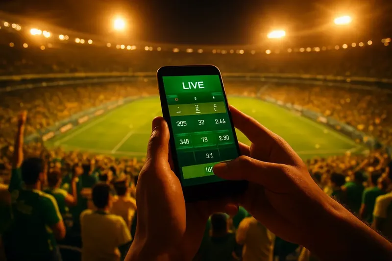 Mãos com smartphone exibindo odds ao vivo no Maracanã lotado à noite