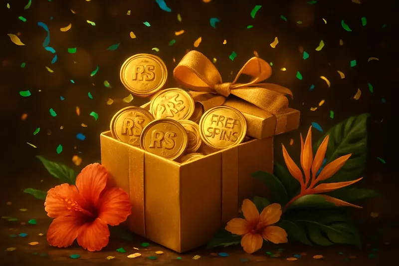 Caixa dourada com moedas de Real, fichas de giros grátis e confete