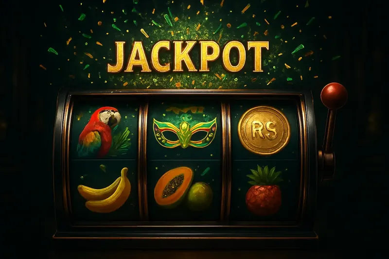 Caça-níqueis brasileiro com rolos tropicais, jackpot e confete verde e dourado