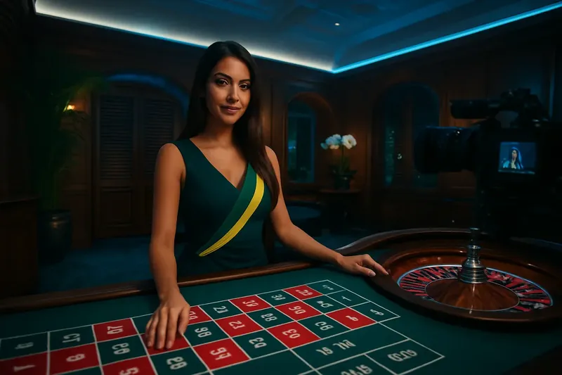 Dealer brasileira em estúdio de roleta ao vivo com decoração tropical luxuosa