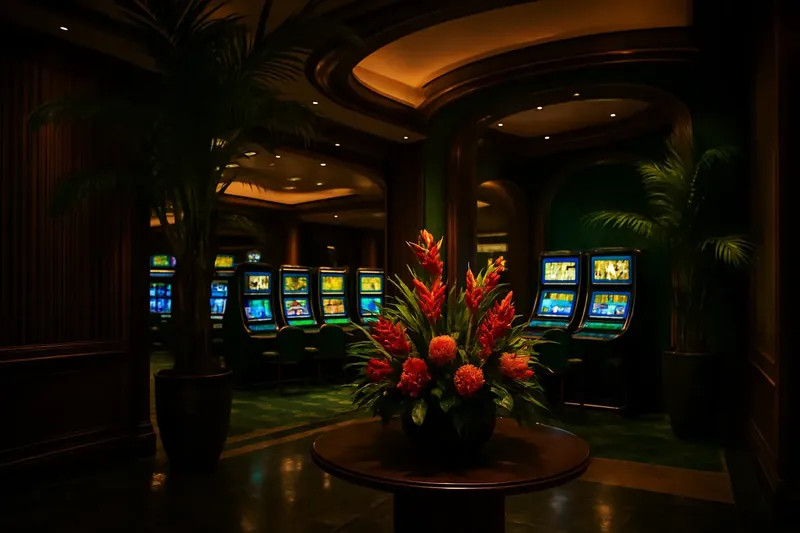 Lobby elegante de cassino com decoração tropical brasileira e telas de jogos