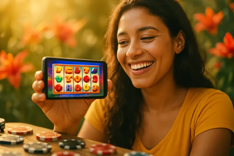 Jogador brasileiro segurando smartphone com caça-níquel online e fichas coloridas