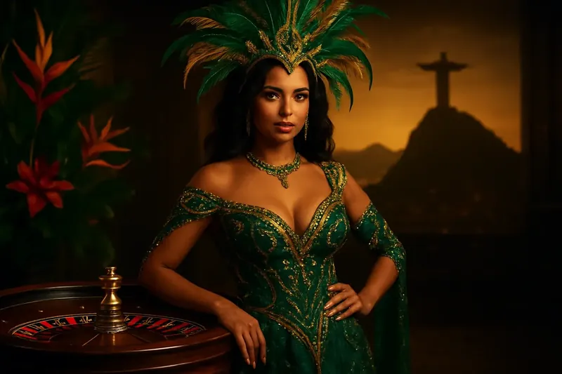 Mulher brasileira elegante ao lado da roleta com skyline do Rio ao fundo