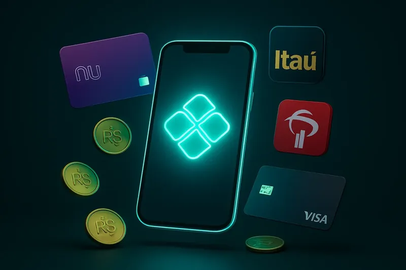 Smartphone com depósito instantâneo e cartões bancários, moedas de real ao redor